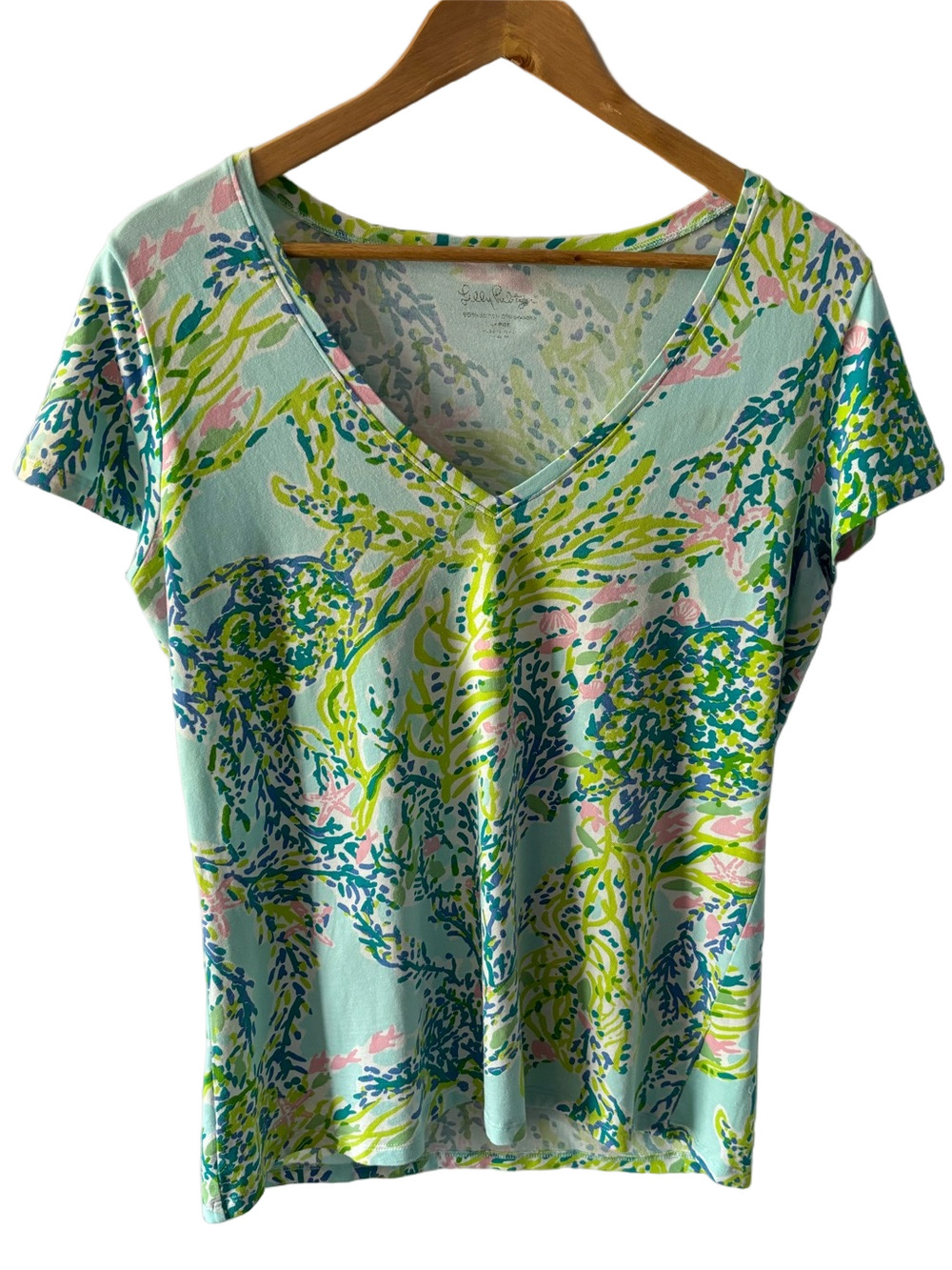 Lilly Pulitzer Michele T-Shirt Palm Reader Print V-Neck L Tropical Casual